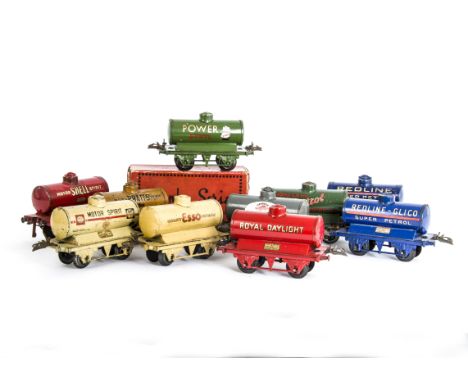 Pre-war Hornby 0 Gauge Tank Wagons, including Power Ethyl, Pratt's High Test (Orange), Gargoyle, buff Esso, Castrol, buff She