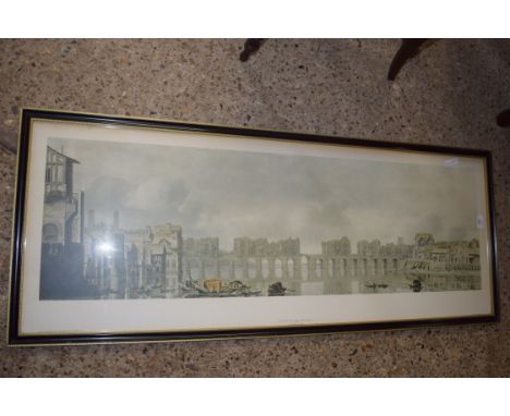 AFTER CLAUDE DE JONGH, OLD LONDON BRIDGE, COLOURED PRINT, FRAMED AND GLAZED, 206CM WIDE