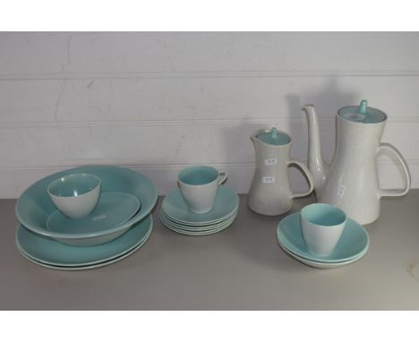 COFFEE SET BY POOLE WITH GREEN GROUND, COFFEE POT, HOT WATER JUG, CUPS AND SAUCERS