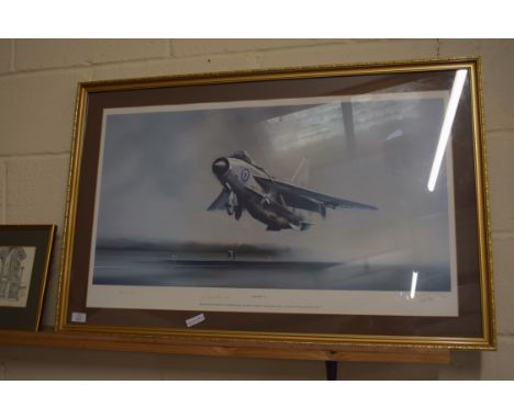 PRINT OF AN ENGLISH ELECTRIC LIGHTNING F6, SIGNED BY TIM NOLAN, IN THE MOUNT, LTD ED 832/850, WITH FURTHER SIGNATURES TO MOUN