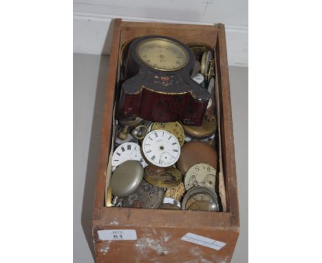 WOODEN BOX CONTAINING CLOCK AND POCKET WATCH SPARES