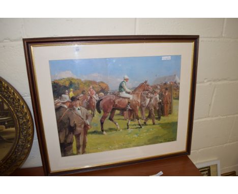 AFTER MUNNINGS, COLOURED PRINT, HORSE RACING SCENE, FRAMED AND GLAZED, 79CM WIDE