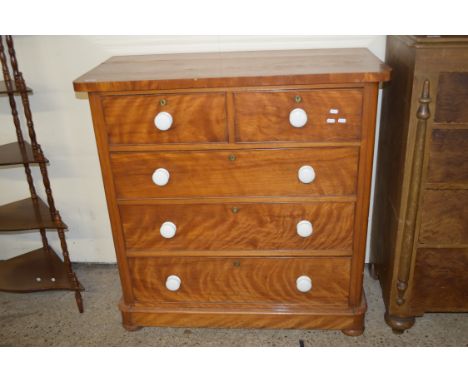 VICTORIAN MAHOGANY VENEERED CHEST OF TWO SHORT AND THREE LONG DRAWERS WITH WHITE CERAMIC HANDLES, 105CM WIDE