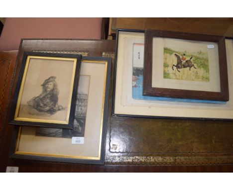 MIXED LOT: VARIOUS PICTURES TO INCLUDE JAPANESE WOOD BLOCK PRINT, BOTANICAL STUDY, HUNTING SCENE AND OTHERS (6)