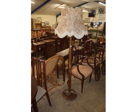 DARK WOOD STANDARD LAMP WITH FLORAL SHADE