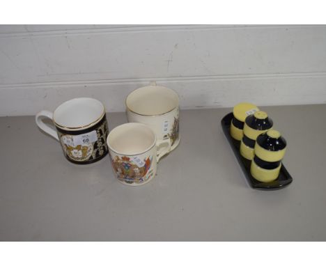 GROUP OF CERAMIC MUGS AND CONDIMENT SET WITH YELLOW AND BLACK DESIGN