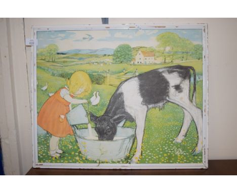 AFTER MURIEL DAWSON, "FEEDING THE CALF", COLOURED PRINT, 56CM WIDE