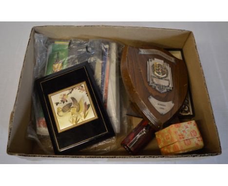 Collection of enamel bowls badges, old theatre programmes and greetings cards, address book etc