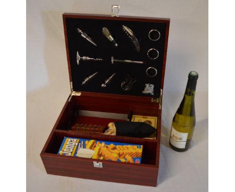 Manitou games compendium/wine case with bottle of wine and various games including Jenga etc