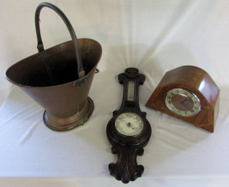 Copper coal bucket, wall barometer & mantle clock