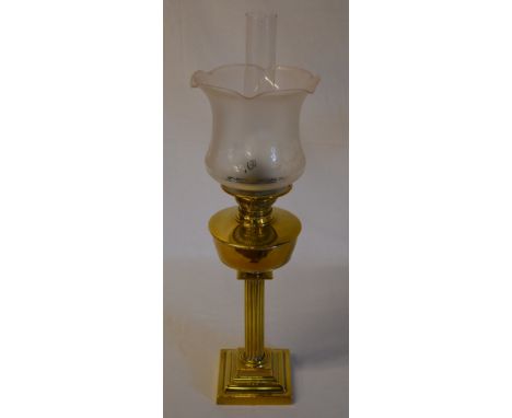 Brass paraffin lamp with etched glass shade and chimney