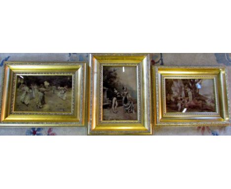 3 Crystoleum pictures of a courting couple, group of ladies & ladies playing with hoops 30 cm x 40 cm, 36 cm x 28 cm and 40 c