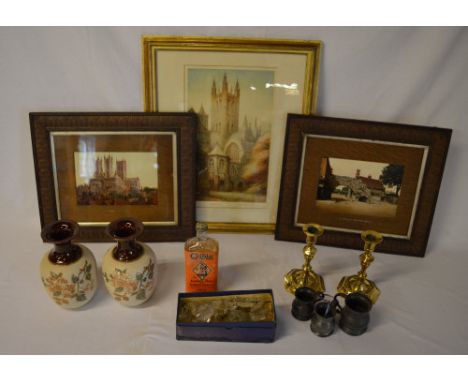 Brass candlesticks, vintage O-Cedar polish bottle, Edward Brewer signed print etc