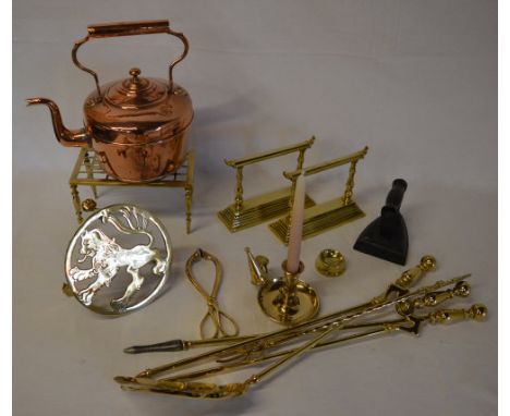 Various brass and copper including a kettle, chamber stick, brass companion tools etc