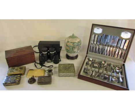 Cigarette cases and lighter, binoculars, tea caddy, oriental ginger jar & SP cutlery set