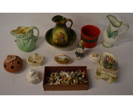 Various ceramics including miniature animal figures including a Wade tortoise and some whimsies, jugs, Aynsley lidded pot etc