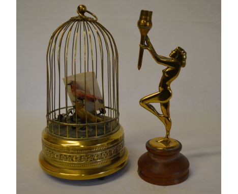 Brass clockwork bird cage (af) and an Art Deco style lamp