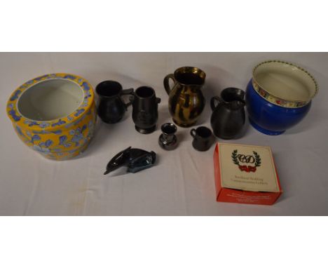 Prinknash ceramics, Poole ceramic dolphin, 2 Royal Commemorative goblets and 2 jardiniere tops