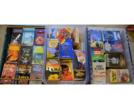 3 boxes of Sci-fi paperback books including Harry Harrison, Gordon R Dickson, Bob Shaw etc