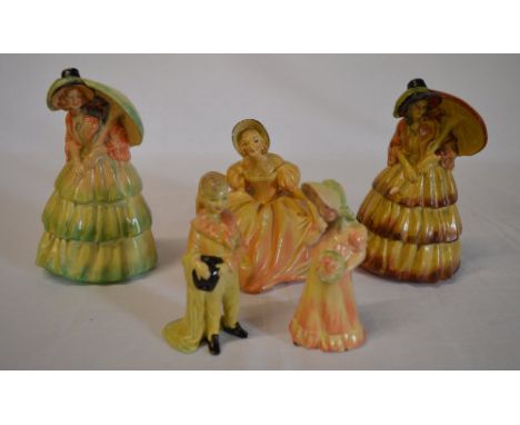 5 Wade cellulose figures including 3 ladies in crinoline dresses and two smaller figures (Cynthia 4, Tony 4, Sunshine, Curtes