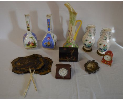Benson folding travelling clock, 2 pairs of ceramic vases, Chinese fans etc