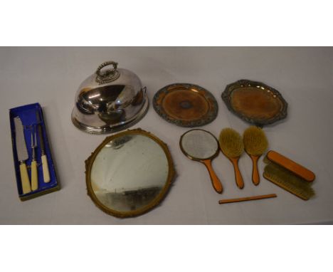 Silver plate entree dish lid, small oval mirror, carving set and an orange guilloche enamel dressing table set