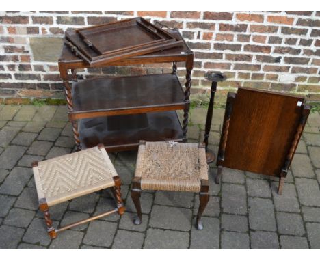 1930s trolley with barley twist, various trays, 2 foot stools, ashtray and a fire screen