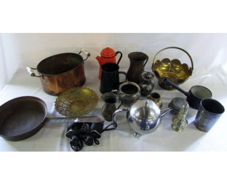 Assorted copper, brass, silver plate and enamel ware