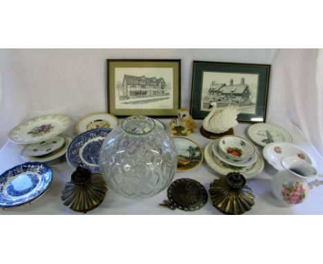 Assorted ceramics, prints & brass and glass lamp