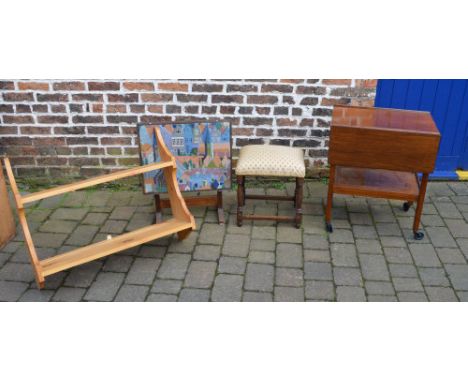 Mahogany trolley, upholstered stool, needle point folding table and a pine shelf