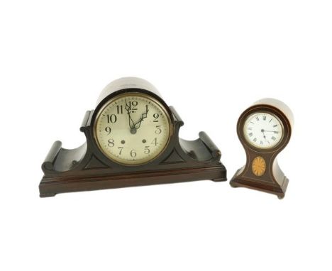 A large Edwardian mahogany shaped Mantle Clock; together with an attractive small inlaid Mantle Clock. (2) 