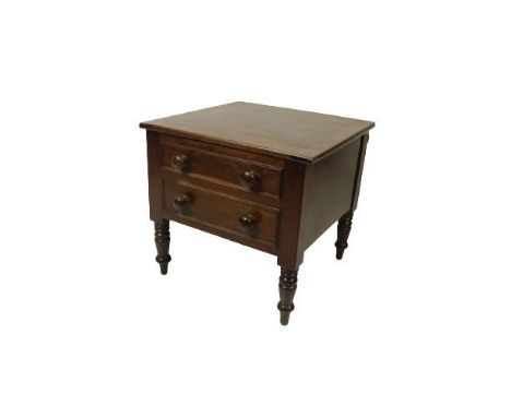 A Victorian mahogany lift top Bedside Commode, with faux frieze drawer on turned front legs. (1) 