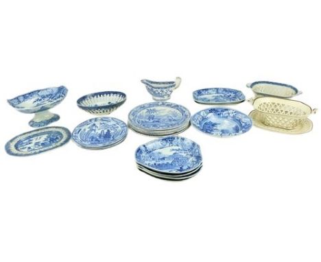 A fine collection of blue and white porcelain&nbsp;comprising a pair of Riley Hollywell Cottage Cavan Plates, 10" (26cms), a 