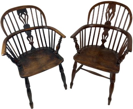 A late 19th Century yew and elm stick back Kitchen&nbsp;Armchair, with arched back and pierced central splat and front turned