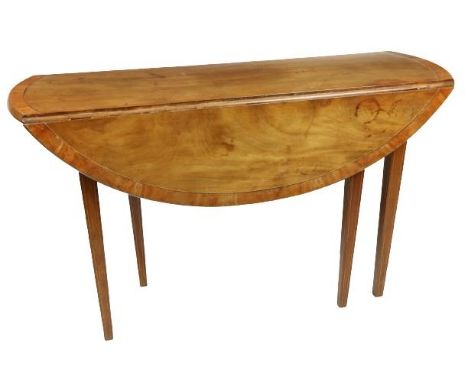 An inlaid mahogany and satinwood banded drop leaf gate leg Table,&nbsp;George III and later, with demi-lune flaps and raised 