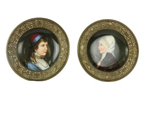 A good pair of Austrian porcelain Portrait Dishes, c. 1890 probably by Carl Joseph Knoll, Carlsbad, depicting two young Ladie