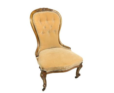 A Victorian Ladies walnut Nursing Chair, with balloon shaped button back, covered in light tan fabric. (1) 