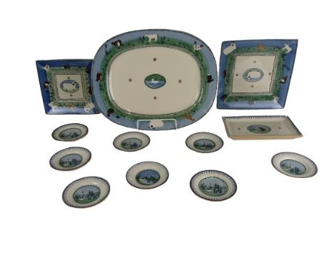 A large Nicholas Mosse 'Farmyard Series' Platter, together with 3 varied size Bread and Cheese Plates, and a set of 8 Saucers