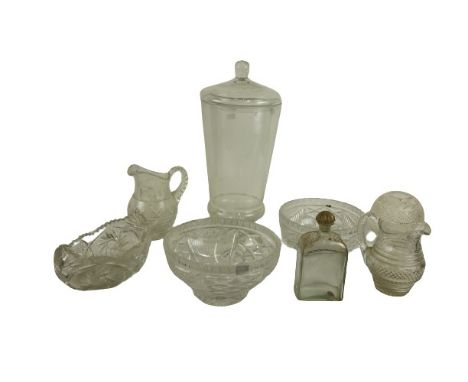 A canoe shaped cutglass Bowl,&nbsp;28cms (11"), two cutglass Water Jugs, two similar, a cutglass Bowl, a circular cutglass Di