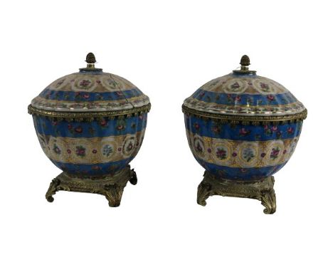 A pair of modern Chinese porcelain Bowls &amp; Covers, each with domed cover (ne as is) with brass pineapple finial on a cast