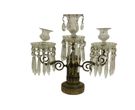 A fine quality Regency ormolu three branch lustre Light, the central two tier sconce with droplets and conforming branches, t