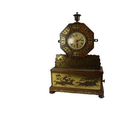 A Regency style rosewood cased Mantel Clock, the octagonal top with urn finial and brass dial and floral inlay on a rectangul