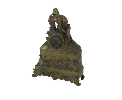 An attractive 19th Century French ormolu figural Mantle Clock, the top with male resting against a rock with book in hand, ov