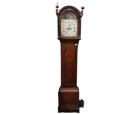 A late 18th / early 19th Century oak cased dome top Grandfather Clock, the arched glazed door housing a painted dial with Rom