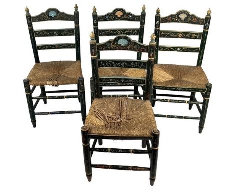 An unusual set of 4 hand painted Provincial ladder back Chairs, each with straw seat on turned legs, decorated all over with 