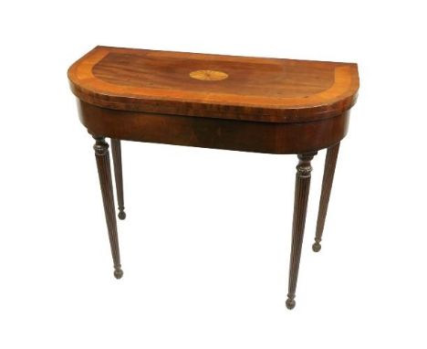 A George IV period mahogany&nbsp;rosewood and satinwood banded fold-over Card Table,&nbsp;the D shaped top above a wide friez