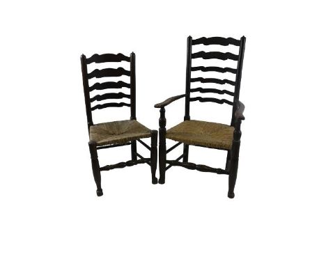 A set of 8 (6 + 2) matched ladder back French oak Dining Chairs,&nbsp;covered with rush seats (one damaged), on front heavy t
