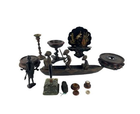 A Victorian rosewood Table Centre,&nbsp;on triform base, 17cms (6 1/2"), two Chinese Vase Stands, a Japanese papier mache Wal