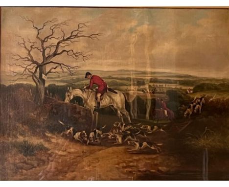 J.F. Herring Snr., British (1795-1865)  'Hunting Scene,' O.O.C., busy action scene with fox being captured by hounds and hunt