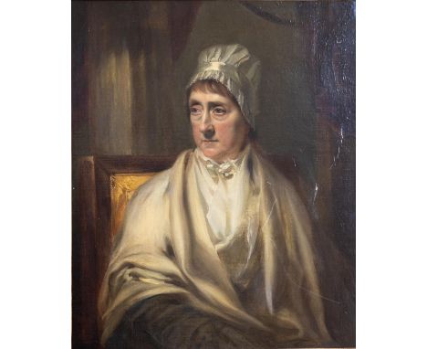 Circle of Sir Henry Raeburn (1756-1823)  'Portrait of a seated Lady wearing a satin bonnet and white satin shawl,' O.O.C., 74
